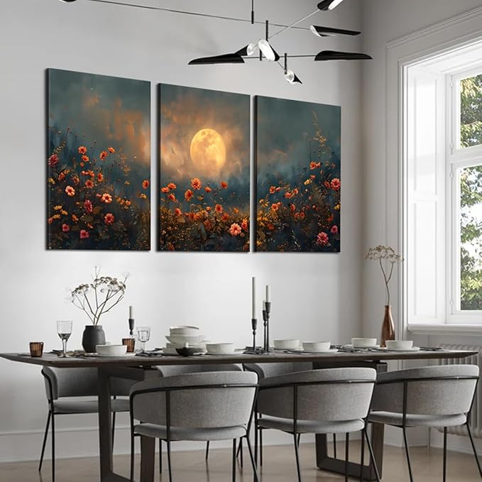 3 pcs Midnight Wildflower Framed Canvas Wall Art Moonlit Red Floral Wall Decor Nature Inspired Landscape Artwork Art Prints for Living Room Bedroom Farmhouse- 24"x36"x3pcs