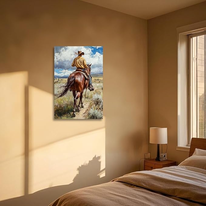CGXLB Cowboy Riding Wall Art Western Horseman Painting Horse Picture Prints Framed Rustic Ranch Wall Decor for Living Room Bedroom Restaurant 20"x30"
