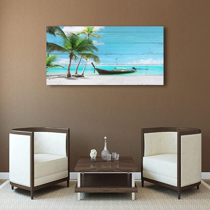 Beach Canvas Wall Art Seascape Pictures Home Decor Ocean Coconut Tree Sunset Poster Prints Paintings for Living Room Bathroom Bedroom Kitchen Office Decorations Natural Landscape Artwork 24x48inches