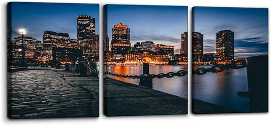 Pacimo Canvas Print Wall Art Set Boston Harbor Pictures Painting Realism Contemporary Cityscape Skyscrapers Modern Artwork for Living Room Bedroom Office Stretch and Framed - 12"x16"x3 Panels