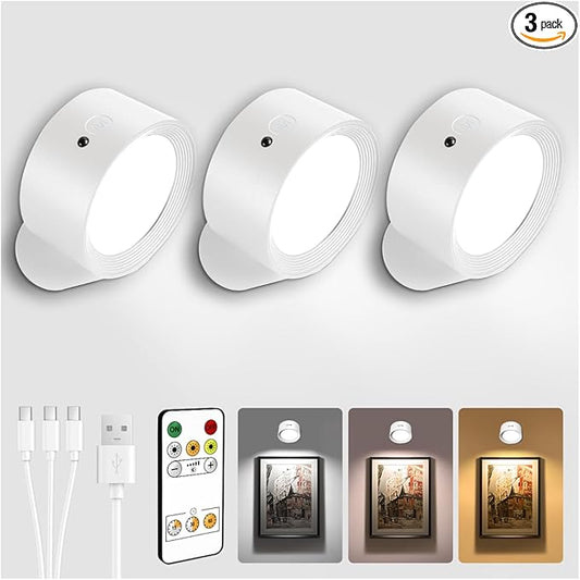 LED Wall Mounted Lights, Rechargeable Wall Sconces with Remote & Touch Control, 3 Color Temperatures 360° Rotation Dimmable Cordless Wall Light for Bedroom Study Reading Bedside (White, 3 Pack)