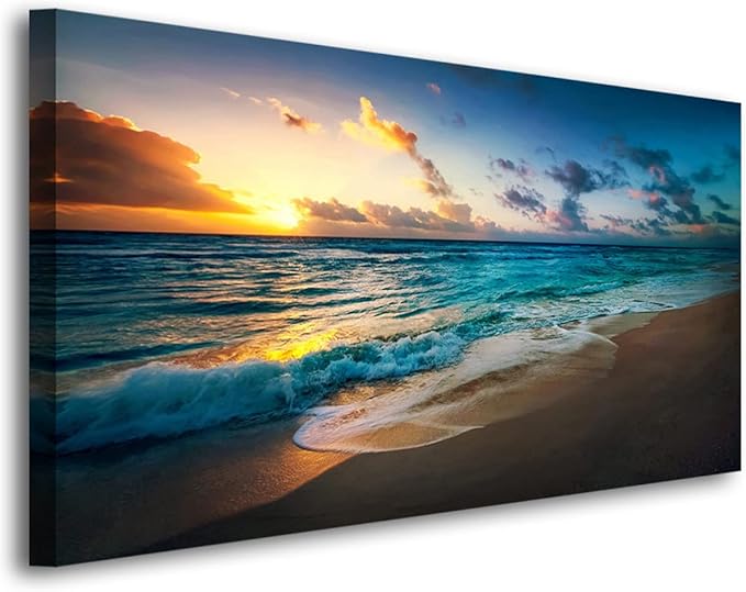 Beach Pictures Wall Art Canvas Prints Seascape Themed Decor for Home Sea Ocean Sunset Paintings for Living Room Bathroom Wall Decorations Natural Landscape Artwork Wooden Picture Frames 28x57 inches