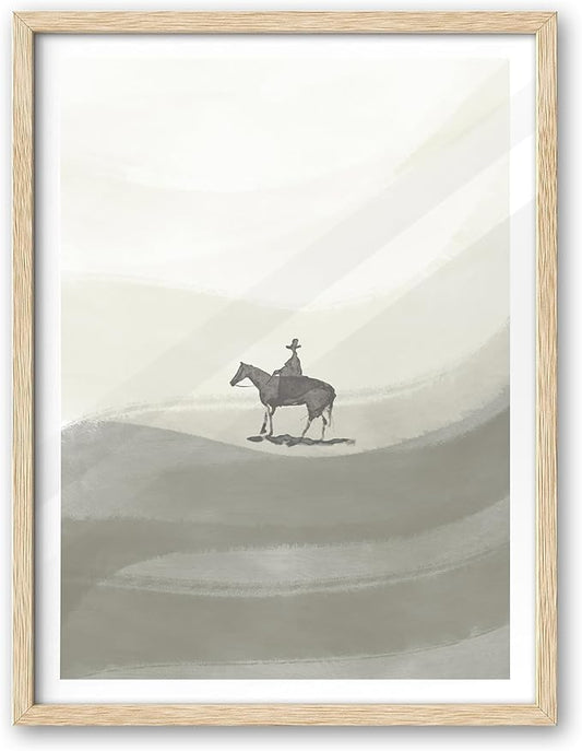 iHery Natural OAK Wood Boho Cowboy Horse Framed Wall Art, 12x16 in Southwestern Bohemian Canvas Wall Decor, Minimalist People Landscape Bedroom Wall Art, Set of 1 Abstract Poster for Living Room