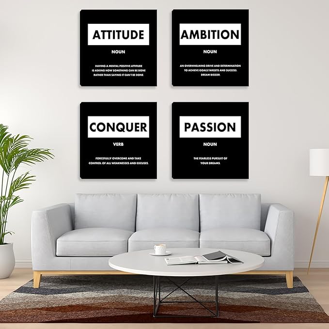 Motivational Canvas Wall Art - Home Office & Living Room Wall Decor - Black Inspirational Design - Framed Art Prints - 12X12 Inch (4 Pack)