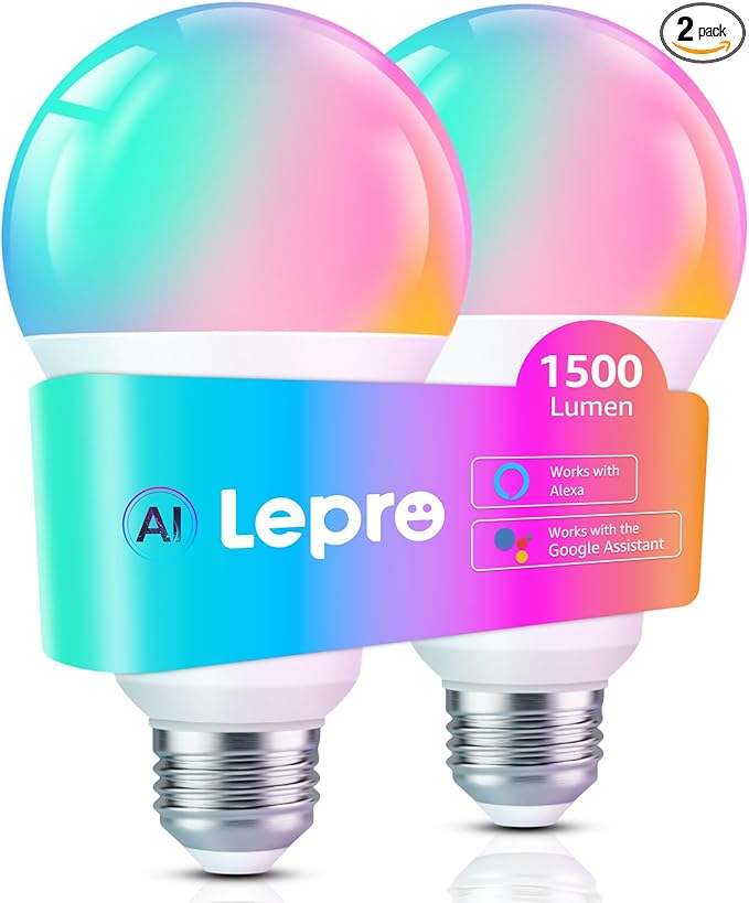 Lepro B3 AI Smart Light Bulbs - 1500LM 100W Equivalent A21 Bulb, WiFi & Bluetooth RGBWW Color Changing, Works with Alexa & Google Assistant, AI Voice Control by App, Music Sync, 2.4GHz Only (2 Pack)