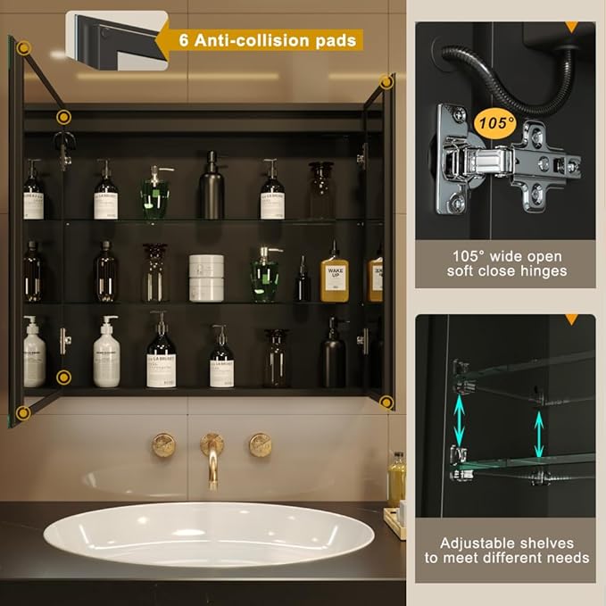 KWW LED Lighted Bathroom Medicine Cabinet with Sockets & USBs, Defogger, Dimmable, 3 Color Light Makeup Mirror, Easy to Install, Wall Mounted Cabinet (Two-Door, 31 * 28)