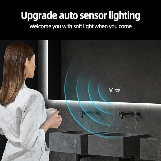 Backlit LED Bathroom Mirror, Infrared Motion Sensor Vanity Mirror with 3-Color Lights, Stepless Dimmable Wall Lighted Mirror with Anti-Fog, Memory, Rectangular (36" L x 48" W)