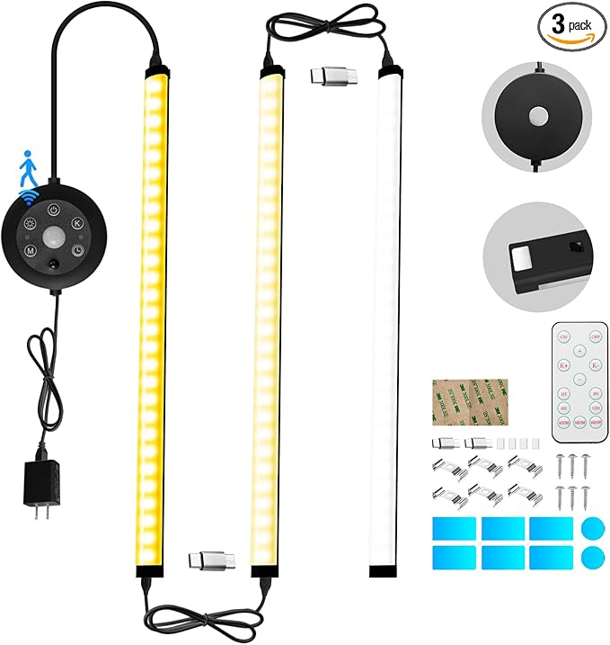 Black Plug in Under Cabinet Light bar with Motion Sensor, Dimmable, Remote Control,Color and Brightness Adjustable, Magnet LED Strip Lights for Kitchen, Workbench, and Closet 3 Pack