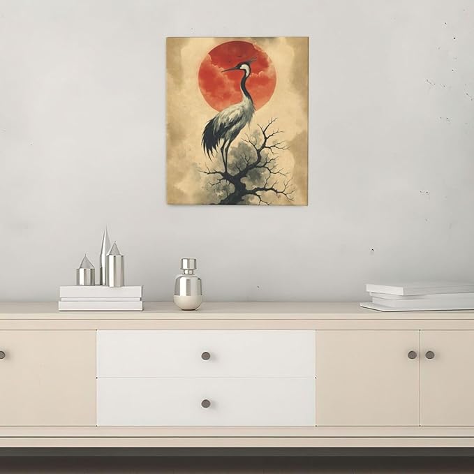 Japanese Crane Wall Art Oriental Asian Wall Decor Sandhill Crane Canvas Pictures Paintings Prints Japan Traditional Aesthetic Artwork Framed Chinese Decorations For Bedroom Living Room Office Gifts 20" x 24"