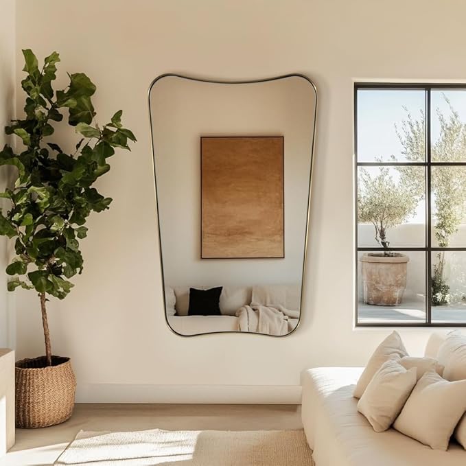 ANDY STAR 30x48 Inch Brushed Gold Mirror, Large Asymmetrical Wall Mirror, Antique Gold Mirror in Anti-Rust Stainless Steel Frame, Unique Designed Frame Ideal for Home Remodel