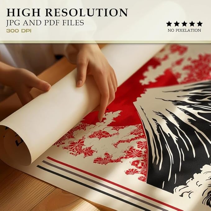 Mount Fuji Poster, Traditional Japanese Wall Art Print with Red Sun and Wave Landscape, Japandi Style Asian Home Decor for Bedroom, Living Room or Gallery Wall (Unframed) (16x24)