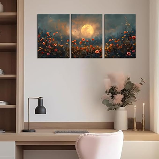 3 pcs Full Moon Floral Canvas Wall Art Moonlit Pine Tree and Wildflowers Woodland Nature Landscape Picture Wall Decor Poster Print Artwork for Bedroom Living Room Home Decoration-12 x16 x3pcs