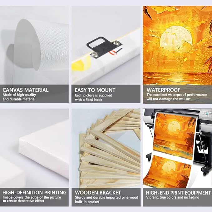 MAMAGO 3 Panels Coastal Sunset Canvas Wall Art Oil Painting Style Seascape Skyline Print Poster Beach Tropical Coconut Trees Modern Home Artwork Framed Easy to Hang-12”W x 16”Hx3pcs