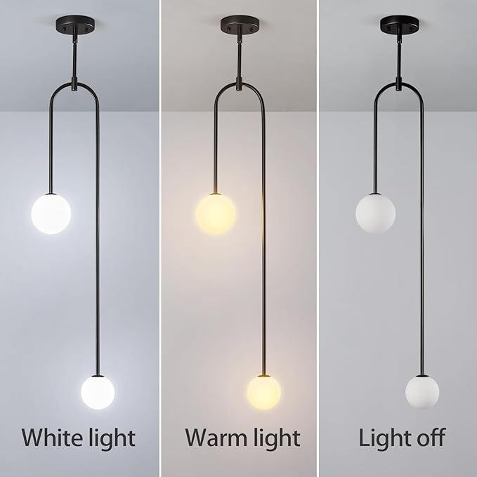 Modern Milk Glass Pendant Light 2 Light Mid Century Chandelier Small Glass Globe Black Pendant Lights for Kitchen Island Bedroom Dining (1 Pack)