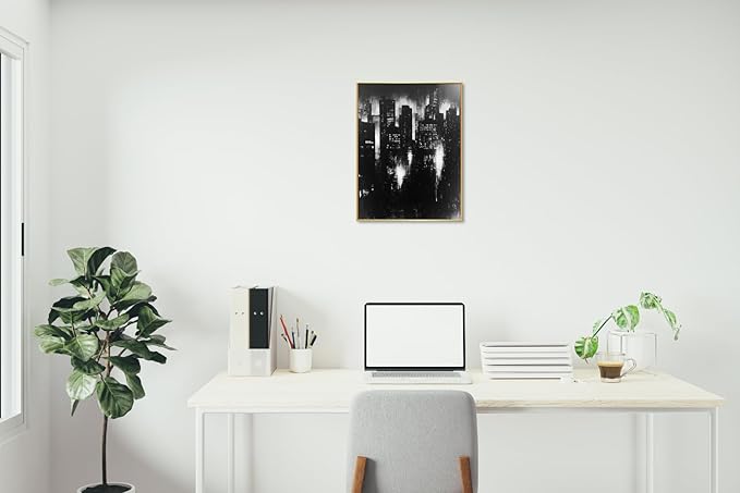 Abstract Cityscape Wall Art, Modern Urban Night Skyline Canvas Painting, Contemporary Expressionist City Decor (Gold, 20" W x 27" L / 52x70cm, Framed)