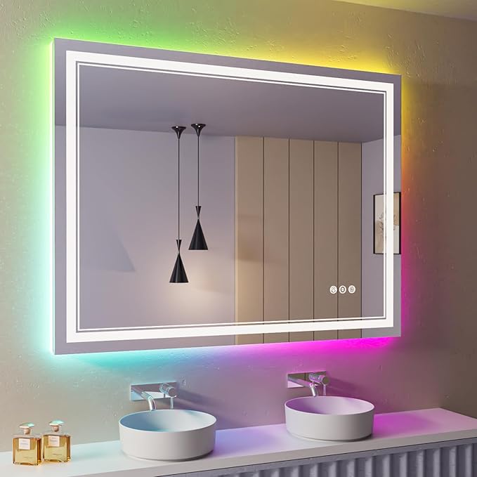 44x30 inch LED Bathroom Mirror with RGB Lights, Color Changing Backlit Mirror, Shatterproof, Dimmable Anti-Fog, Lighted Vanity Mirror (RGB Multicolor Backlit + Adjustable Front-Lighted)