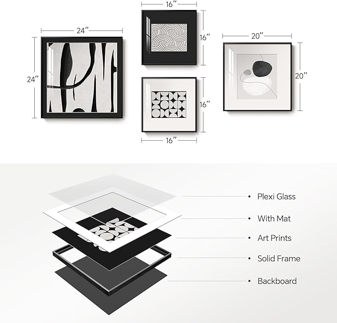 4 Piece Framed Abstract Wall Art Set, Large Modern Canvas Picture Artwork, Minimalist Contemporary Line Black and White Gray Painting Prints for Living Room, Hallway, Bedroom and Office