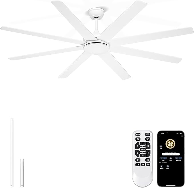 72 Inch Large Ceiling Fans Without Lights, 8 Blades White Ceiling Fan Remote/APP Control, Reversible Big Ceiling Fan for Shop Garage Living Rooms