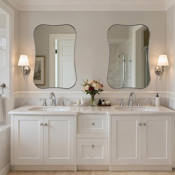 ANDY STAR 24x36'' Chrome Mirrors, Modern Rounded Corner Irregular Bathroom Mirrors with Notched Edges in 1 Inch Stainless Steel Frame Wall Mounted for Bathroom Vanity Home Decor
