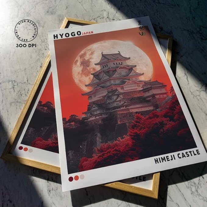 Nationcog Himeji Castle Poster, Japanese Wall Art Print Featuring Hyogo Temple and Full Moon, Japandi Style Asian Landscape Artwork for Living Room, Bedroom or Office (Unframed) (12x18)