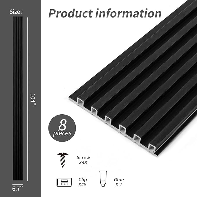 Art3dwallpanels Wood Slat Wall Paneling, 104'' x 6.7'' WPC Soundproof 3D Wall Panels for Interior Wall Decor, 8 Pack Fluted Textured Panel Wall Slats,Black