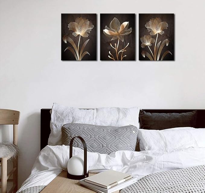 Abstract Wall Art Brown Flowers Canvas Pictures Contemporary Minimalism Abstract Flower Artwork for Bedroom Bathroom Living Room Wall Decor 12" x 16" x 3 Pieces