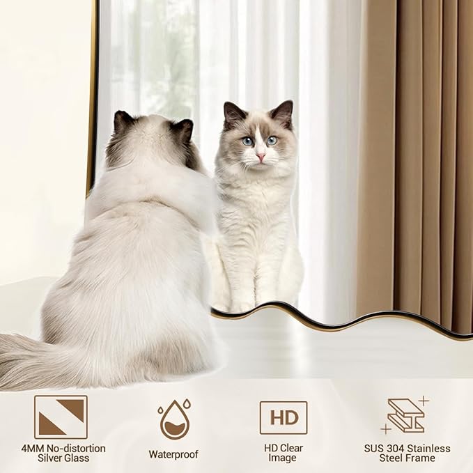 ANDY STAR 24x36 Gold Bathroom Mirror, Brushed Brass Wavy Rectangle Mirror with Curved Design, Irregular Scalloped Wall Mirror for Vanity, Stainless Steel Frame, Anti-Rust, Home Décor