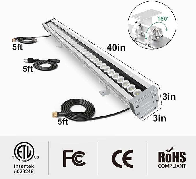 Linkable LED Wall Washer Light with RF Remote, 144W 5700K+RGB Color Changing Linear Light Bar, 120V 40" Dimmable Wall Washing Lights for Buildings, Shops, Hotels, Churches, Restaurants, ETL Listed