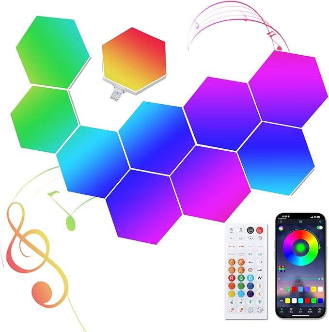 10-Pack Hexagon LED Lights for Wall, Smart RGBIC Music Sync Gaming Room Decor Lighting, 16M Colors Changing App & Remote Controlled, RGB Led Light Panels for Gamers (Type-C Powered)