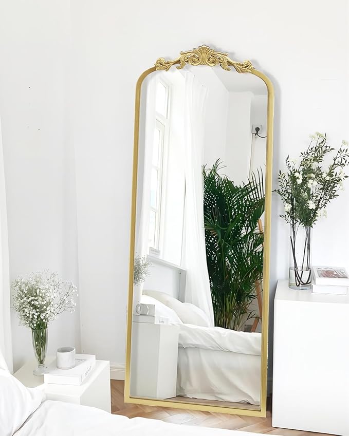 AIXI HOME Arched Gold Antique Full Length Mirror, 22"x65" Traditional Elegant Vintage Floor Body Mirror with Ornate Matel Frame, Baroque Inspired Home Decor for Bedroom/Living Room/Hallway