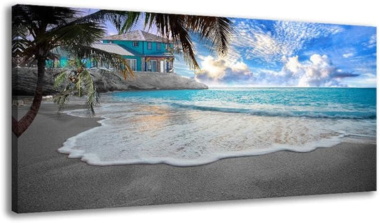 BYXART Beach Canvas Wall Art for Bedroom Ocean Themed Living Room Decor Tropical Palm Tree Artwork Blue Sea Waves Picture Seascape Scenery Nature Painting for Home Office Decoration 40L x 20W