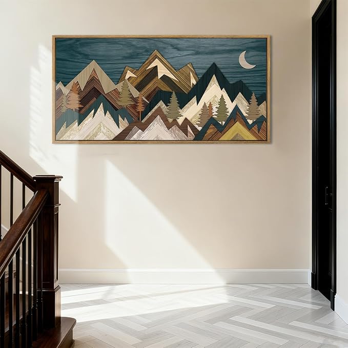 BINCUE Mountain Wall Art Framed Canvas Wall Art Nature Forest Wall Decor Rustic Farmhouse Wall Painting Moon Art for Living Room Bedroom Dining Room Large Size 20"x40"