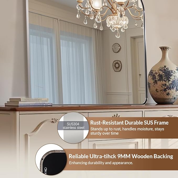 ANDY STAR Chrome Arched Mantel Large Wall Mirror, 30x36 Polished Nickel Stainless Steel Framed Arch Mirror Wall-Mounted for Wall Decor Living Room, Bathroom, Bedroom, Entryway & Fireplace Mantel