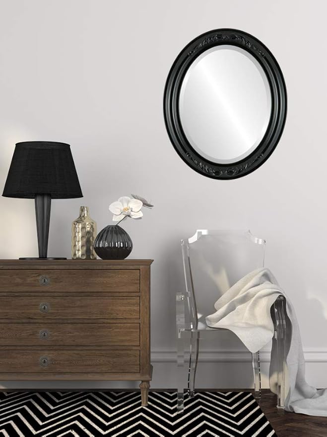 OVALCREST Oval Beveled Wall Mirror for Home Decor - Florence Style - Gloss Black - 34" x 28"