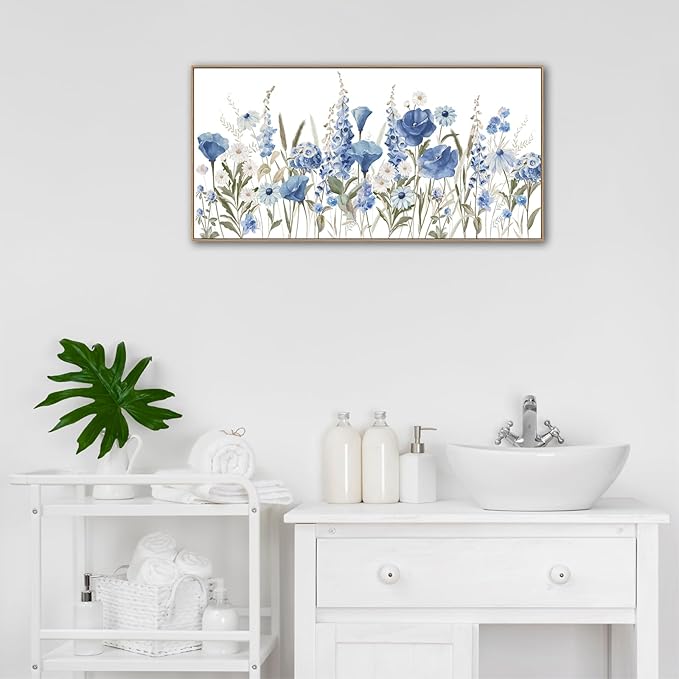 arteWOODS Elegant Flowers Framed Wall Art - Blue White Botanical Pictures for Wall Decor Floral Blossom Canvas Painting Print Artwork for Living Room Bedroom Home Office Wall Decoration 20" x 40"