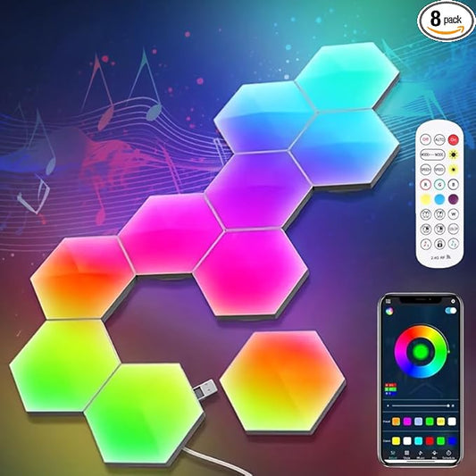 8 Pack Hexagon Light Panels - Smart RGB Hexagon LED Lights Wall Lights with APP & Remote Control Cool Music Sync Gaming Lights for Lving Room, Bedrooms, DIY Lovers, Gifts, Gaming Room, Kids
