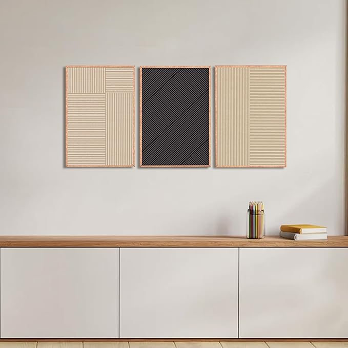 KAIRNE Modern Minimalist Wall Art Set of 3, Beige and Black Striped Geometric Prints with Wood Frame, Abstract Textured Wall Decor for Living Room, Bedroom, Office - 16x24 inch