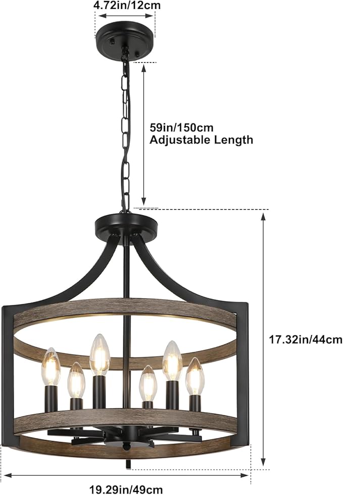 6-Light Farmhouse Chandelier, Metal Faux Wood Hanging Pendant Lighting, Convertible Semi Flush Mount Ceiling Light Fixture Rustic Black Chandeliers for Dining Room Kitchen Foyer Entryway