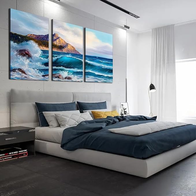 Large Canvas Wall Art for Living Room Blue Ocean Beach Sea Waves Nature Landscape Seascape Painting Modern Minimalist Seascape Coastal Artwork for Bedroom Office Framed - 24x36inchx3Pcs