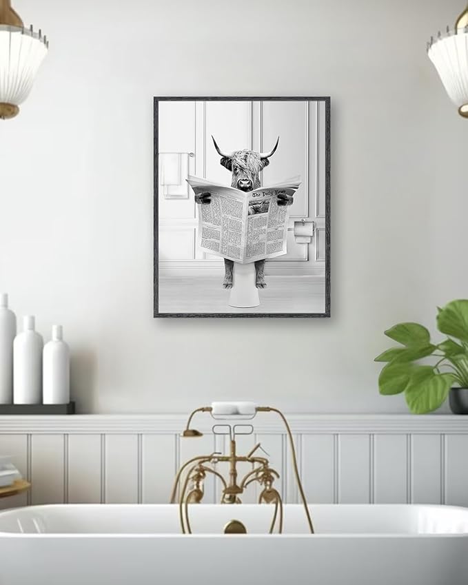 KBKBART Framed Highland Cow Bathroom Art, 12x16 Inch Canvas Cow in Bathtub, Black and White Wall Art, Cute Humor Animal Bathroom Decor