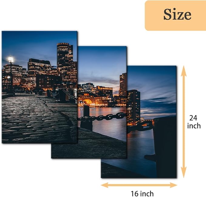 Pacimo Canvas Print Wall Art Set Boston Harbor Pictures Painting Realism Contemporary Cityscape Skyscrapers Modern Artwork for Living Room Bedroom Office Stretch and Framed - 20"x28"x3 Panels