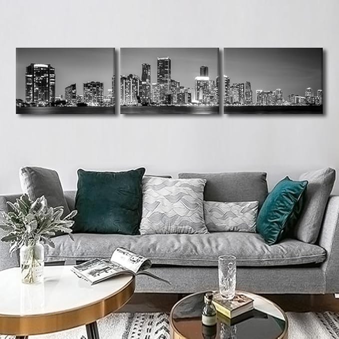 Miami Skyline Wall Art for Living Room Downtown Miami Black and White Wall Art Canvas Print Modern Home Decor Pictures Skyscraper Artwork House Decor Posters Prints Ready to Hang 16x72 Inch