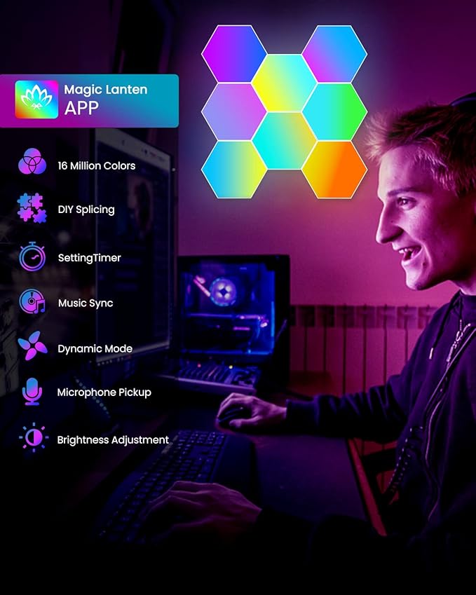 8 Pack Hexagon Led Lights Wall Panels: RGB Gaming Lights with APP Smart Modular Panel Hex Tiles Push Glide Expansion Shapes Lights