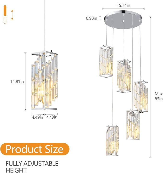 Chrome Pendant Lighting Modern Pendant Light, Mini Crystal Chandeliers,Adjustable Pendant Light Fixture for Kitchen Island Dinning Room Bedroom (5 Light)