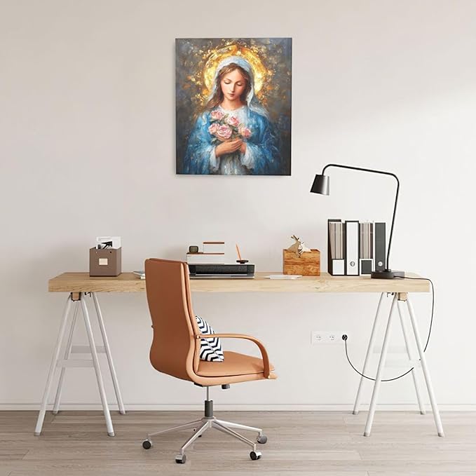 Christian Mary Wall Art Mary Mother Of God Canvas Wall Decor Catholic Blessed Mother with Roses Pictures Christ Paintings Prints Religious Bible Artwork Framed Decorations For Church Prayer Room Chapel Bathroom Bedroom Living Room Gifts 20" x 24"