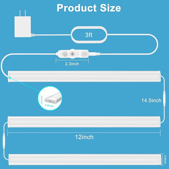 Maylit Under Cabinet Lights Plug in, 3 Pcs 12 Inch Ultra Thin Under Cabinet Lighting, Super Bright Daylight White Under Counter Lights for Kitchen, Dimmable Light for Cabinet, Counter, Workbench, Desk