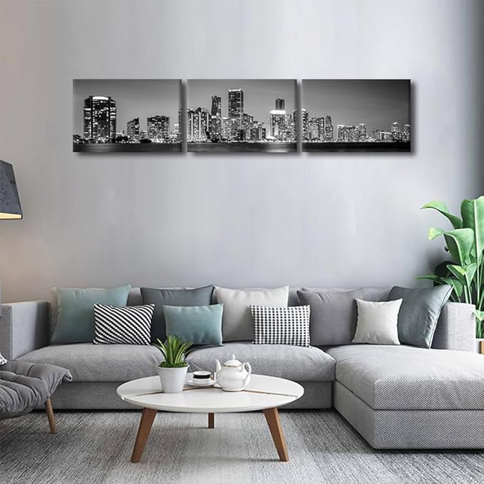Miami Skyline Wall Art for Living Room Downtown Miami Black and White Wall Art Canvas Print Modern Home Decor Pictures Skyscraper Artwork House Decor Posters Prints Ready to Hang 12x48 Inch