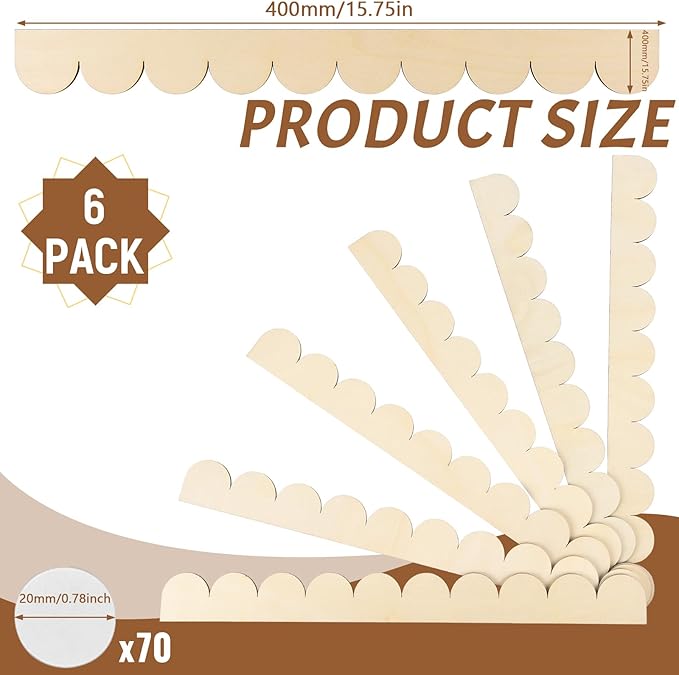 6Pcs Unfinished Scalloped Decorative Wood Trim with Glue Dots, 15.75" x 1.57" Scalloped Wooden Edging Trim Cute DIY Moulding Trim for Home Wall Cabinet Window Door Decor, Interior & Exterior Use