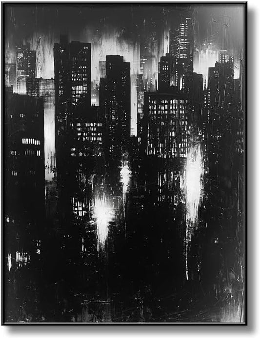 Abstract Cityscape Wall Art, Modern Urban Night Skyline Canvas Painting, Contemporary Expressionist City Decor (Black, 23" W x 31" L / 60x80cm, Framed)