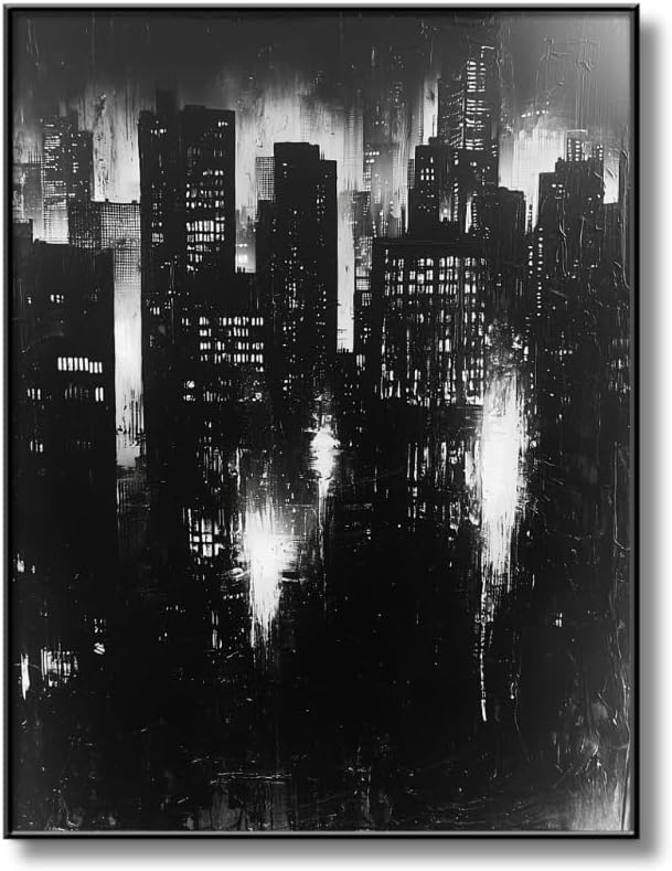 Abstract Cityscape Wall Art, Modern Urban Night Skyline Canvas Painting, Contemporary Expressionist City Decor (Black, 20" W x 27" L / 52x70cm, Framed)